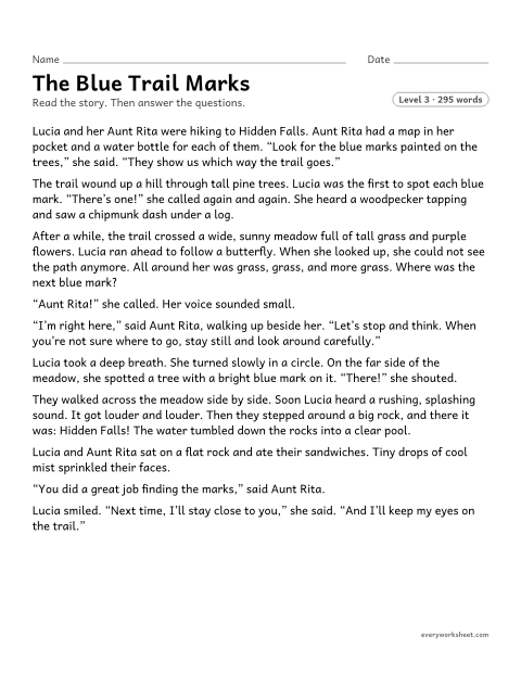 Preview of the printable “The blue trail marks” worksheet: describing how a character responds to a challenge on a hike