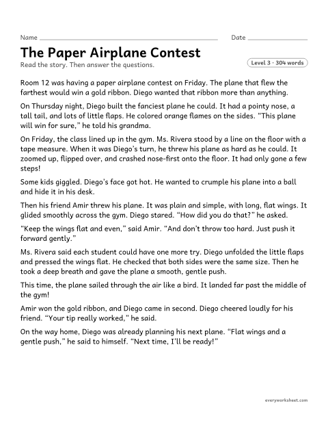Preview of the printable “The paper airplane contest” worksheet: finding the lesson of a story about a contest