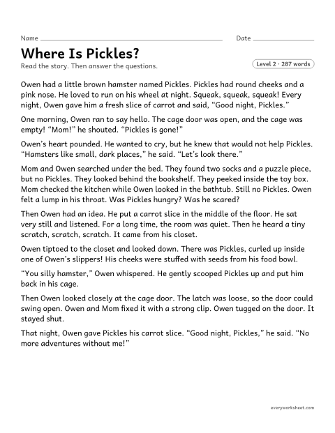 Preview of the printable “Where is Pickles?” worksheet: describing how a character stays calm and solves a problem with his pet