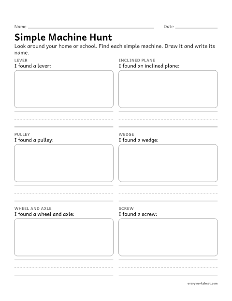 Preview of the printable “Simple machine scavenger hunt worksheet” worksheet: finding and drawing simple machines at home and school