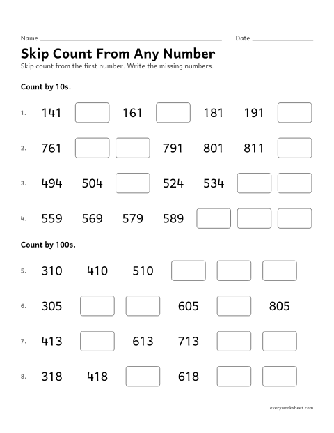 Preview of the printable “Skip count from any number” worksheet: skip counting by 10s and 100s from any number