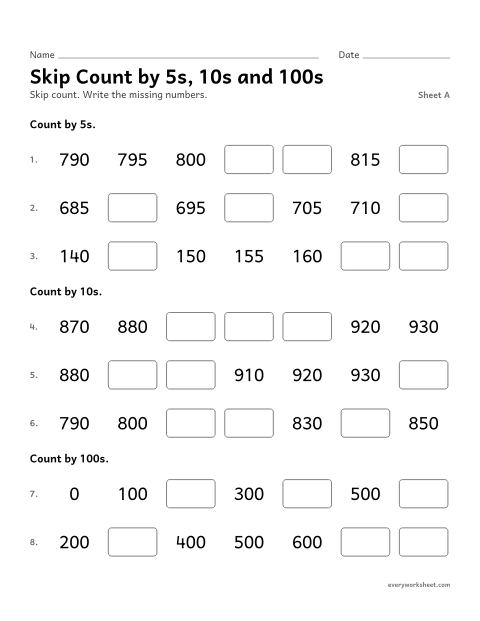Preview of the printable “Skip count by 5s, 10s and 100s, sheet A” worksheet: skip counting by 5s, 10s and 100s within 1000