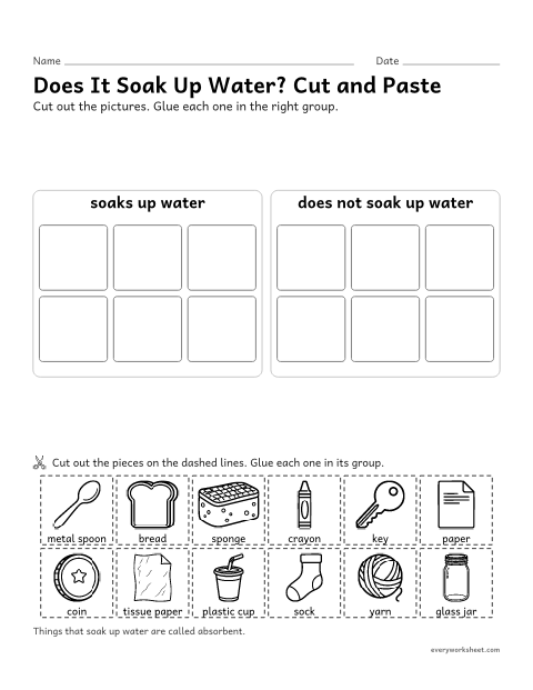 Preview of the printable “Absorbent or Not? cut and paste sort” worksheet: sorting materials by whether they absorb water