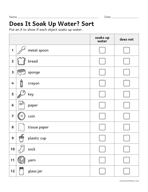 Preview of the printable “Absorbent or Not? sort (No Cutting)” worksheet: sorting materials by whether they absorb water