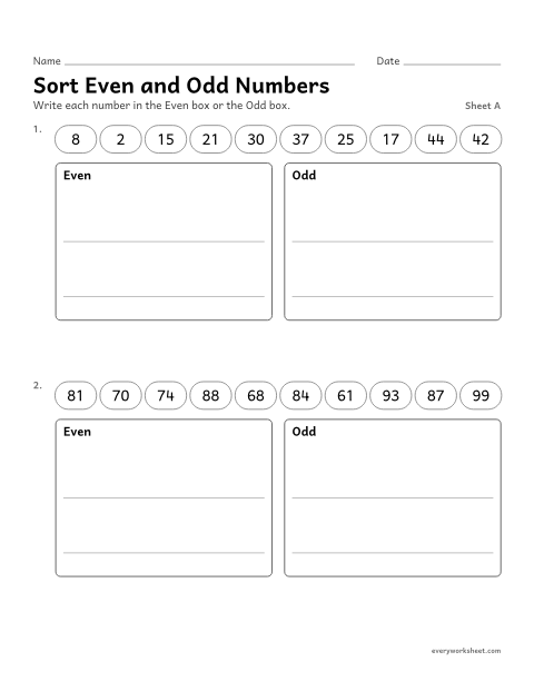 Preview of the printable “Sort even and odd Numbers, sheet A” worksheet: sorting numbers into even and odd