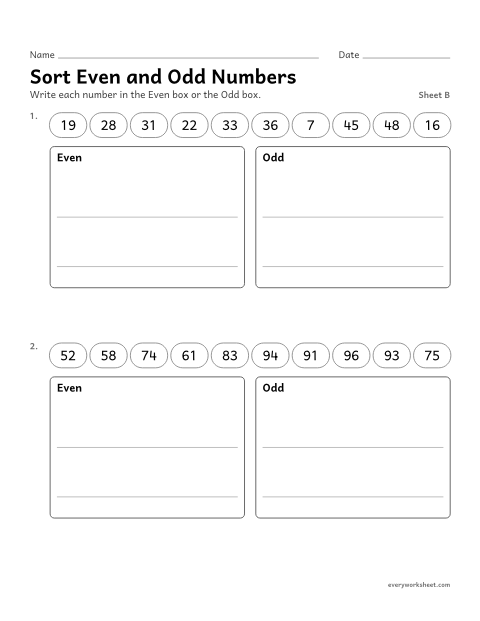 Preview of the printable “Sort even and odd Numbers, sheet B” worksheet: sorting numbers into even and odd