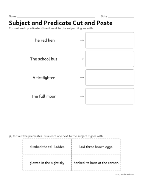 Preview of the printable “Subject and predicate cut and paste” worksheet: joining a subject and a predicate to build a complete sentence (cut and paste)