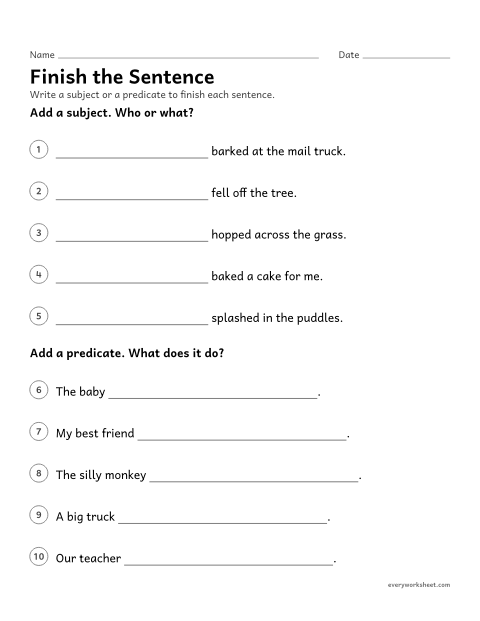 Preview of the printable “Finish the sentence” worksheet: adding a subject or a predicate to make a complete sentence