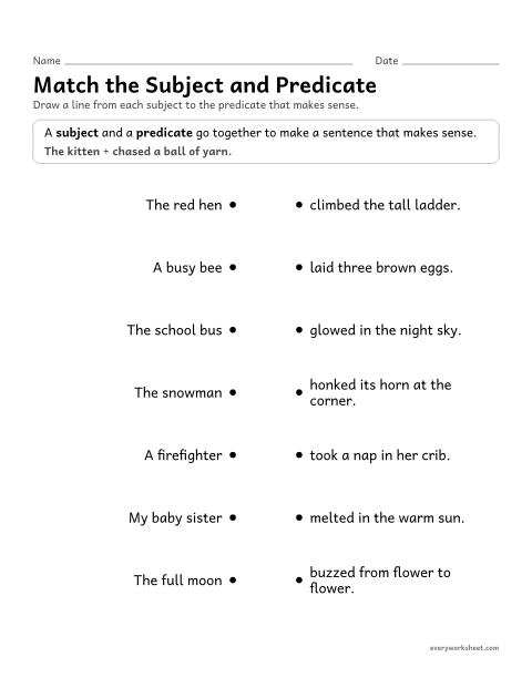 Preview of the printable “Match the subject and predicate” worksheet: joining a subject and a predicate to build a complete sentence