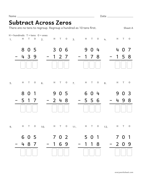 Preview of the printable “Subtract across Zeros, sheet A” worksheet: subtracting across a zero