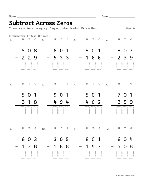 Preview of the printable “Subtract across Zeros, sheet B” worksheet: subtracting across a zero