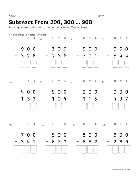 Preview of the printable “Subtract from 200, 300 … 900” worksheet: subtracting from a multiple of 100