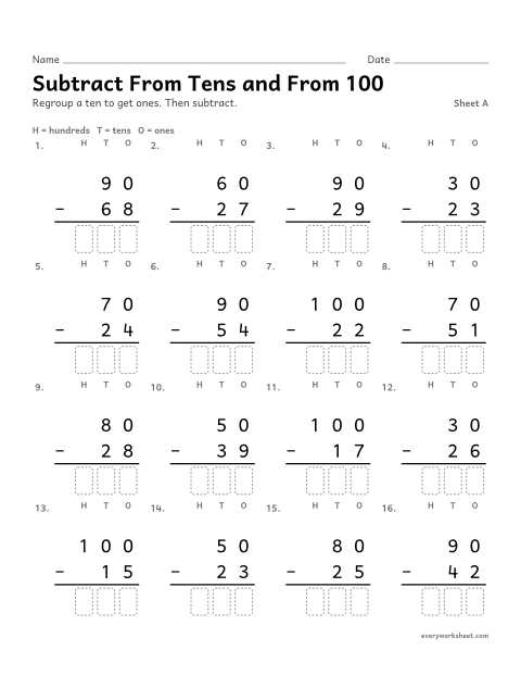 Preview of the printable “Subtract from tens and from 100, sheet A” worksheet: subtracting from multiples of 10 and from 100
