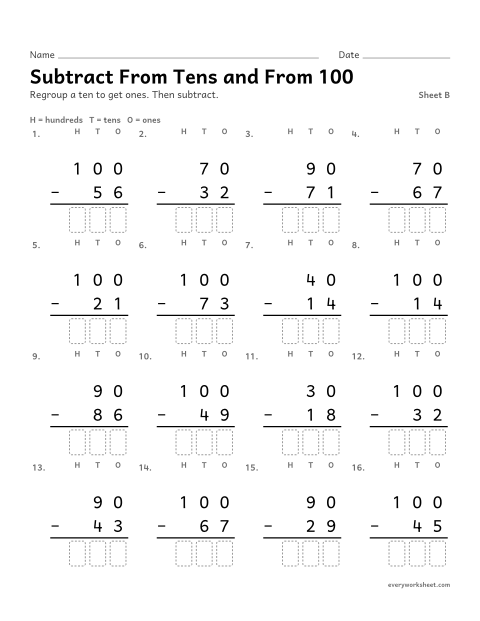 Preview of the printable “Subtract from tens and from 100, sheet B” worksheet: subtracting from multiples of 10 and from 100