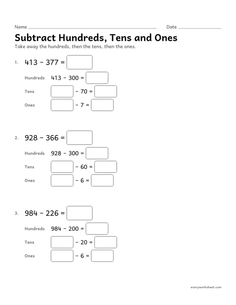 Preview of the printable “Subtract Hundreds, tens and ones” worksheet: subtracting three-digit numbers by place value