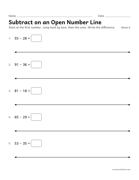 Preview of the printable “Subtract on an open number Line, sheet A” worksheet: showing two-digit differences on a number line