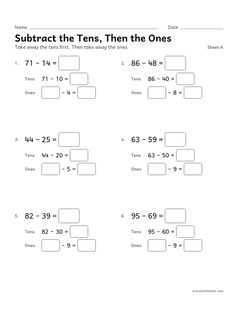 Preview of the printable “Subtract the Tens, then the Ones, sheet A” worksheet: subtracting two-digit numbers by place value (tens, then ones)
