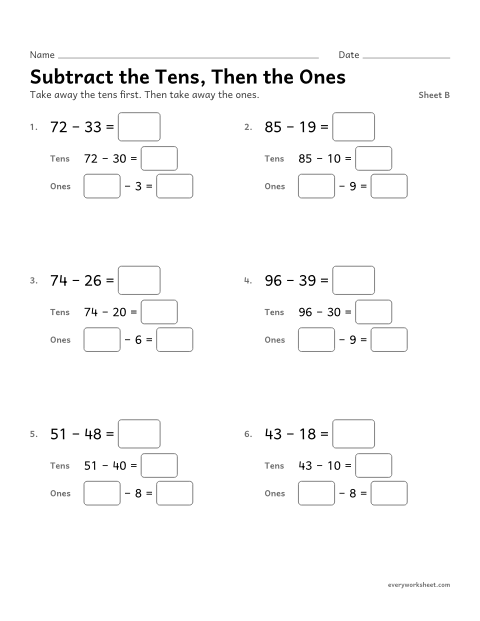 Preview of the printable “Subtract the Tens, then the Ones, sheet B” worksheet: subtracting two-digit numbers by place value (tens, then ones)