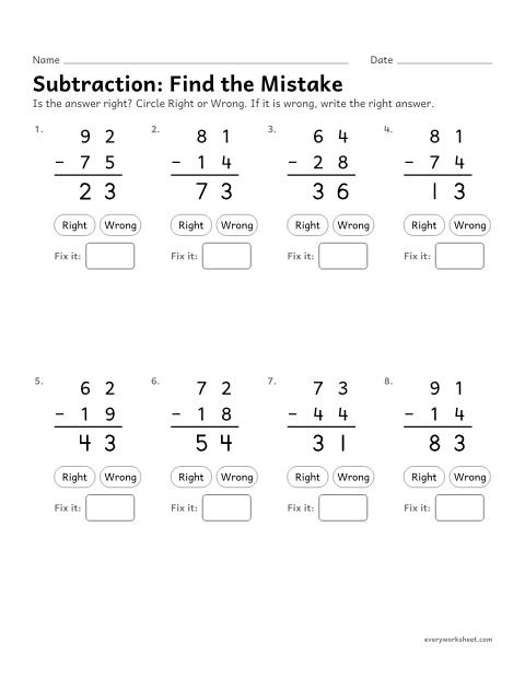 Preview of the printable “Subtraction: find the mistake” worksheet: explaining two-digit subtraction with regrouping by finding a mistake