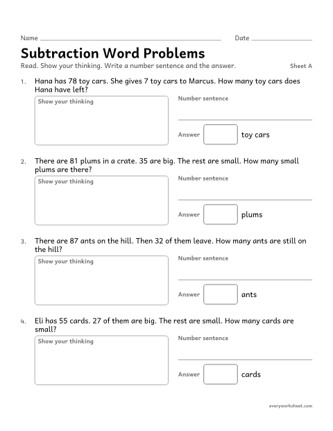 Preview of the printable “Subtraction word Problems, sheet A” worksheet: solving subtraction word problems within 100