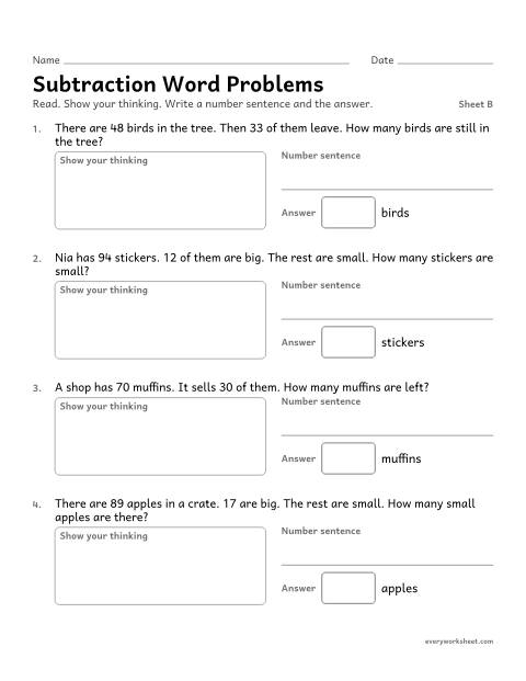Preview of the printable “Subtraction word Problems, sheet B” worksheet: solving subtraction word problems within 100
