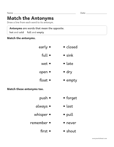 Preview of the printable “Match the antonyms” worksheet: matching words that mean the opposite