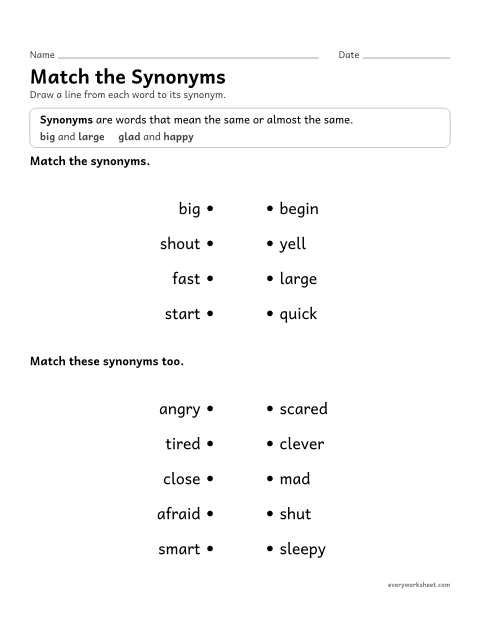 Preview of the printable “Match the synonyms” worksheet: matching words that mean the same or almost the same