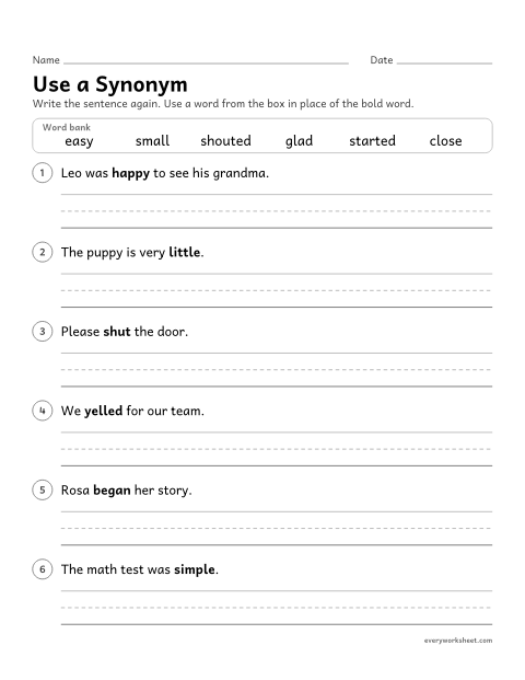 Preview of the printable “Use a synonym” worksheet: replacing a word in a sentence with a synonym