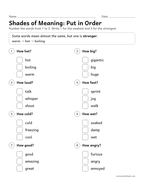 Preview of the printable “Shades of Meaning: put in order” worksheet: ordering words with close meanings from weakest to strongest (warm, hot, boiling)