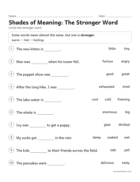 Preview of the printable “Shades of Meaning: the stronger word” worksheet: choosing the stronger of two or three words with close meanings