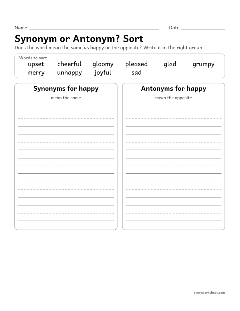Preview of the printable “Synonym or Antonym? sort” worksheet: sorting synonyms and antonyms of happy
