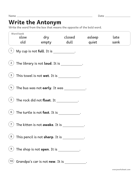 Preview of the printable “Write the antonym” worksheet: writing the antonym of a word to finish a sentence