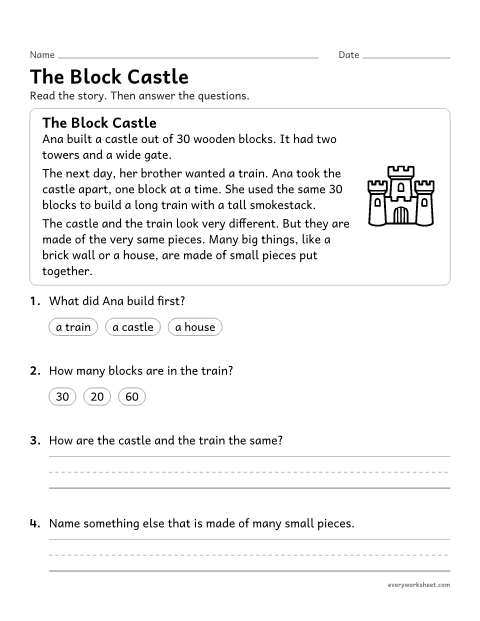 Preview of the printable “Building with small pieces reading passage” worksheet: explaining how an object made of small pieces can be taken apart and made into a new object