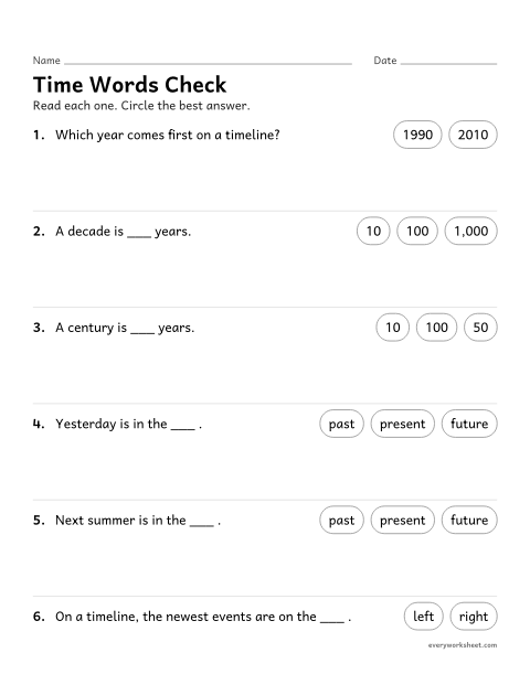 Preview of the printable “Timeline vocabulary Worksheet: Past, Present, Future, Decade, century” worksheet: using the words past, present, future, decade and century