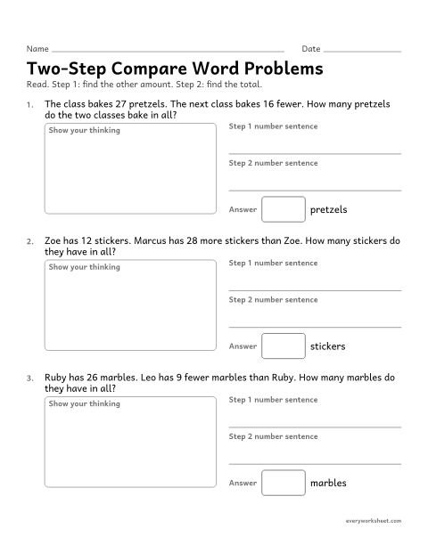 Preview of the printable “Two-Step compare word problems” worksheet: solving two-step compare word problems within 100