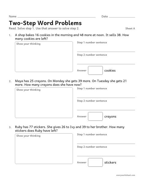 Preview of the printable “Two-Step word Problems, sheet A” worksheet: solving two-step word problems within 100