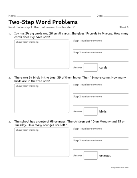 Preview of the printable “Two-Step word Problems, sheet B” worksheet: solving two-step word problems within 100