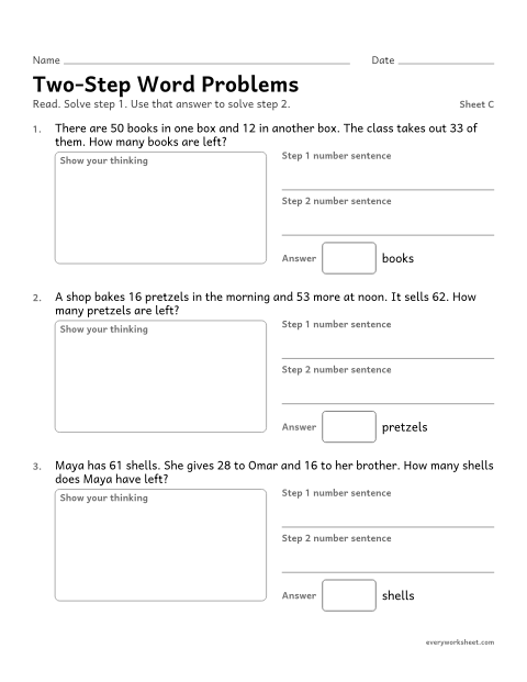 Preview of the printable “Two-Step word Problems, sheet C” worksheet: solving two-step word problems within 100