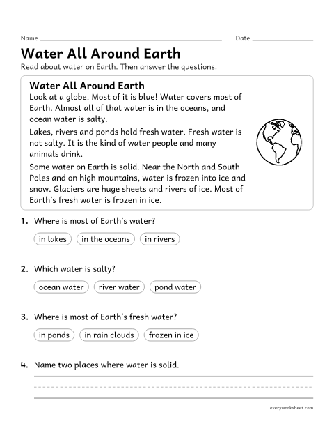 Preview of the printable “Where is water found on Earth? reading passage” worksheet: reading to find out where water is found on Earth and that it can be solid or liquid