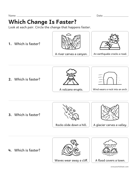 Preview of the printable “Which earth change is Faster? worksheet” worksheet: comparing how quickly different Earth events happen