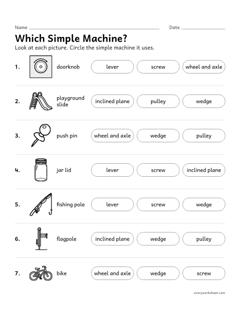 Preview of the printable “Which simple machine is It? worksheet” worksheet: identifying simple machines in everyday objects