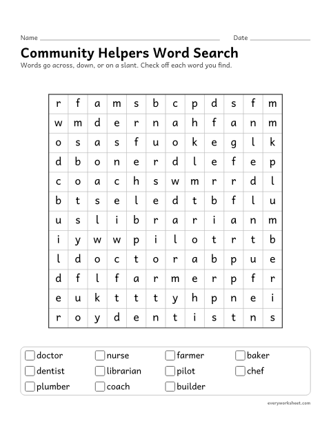 Preview of the printable “Community helpers word search” worksheet: reading and finding community helpers words in a letter grid