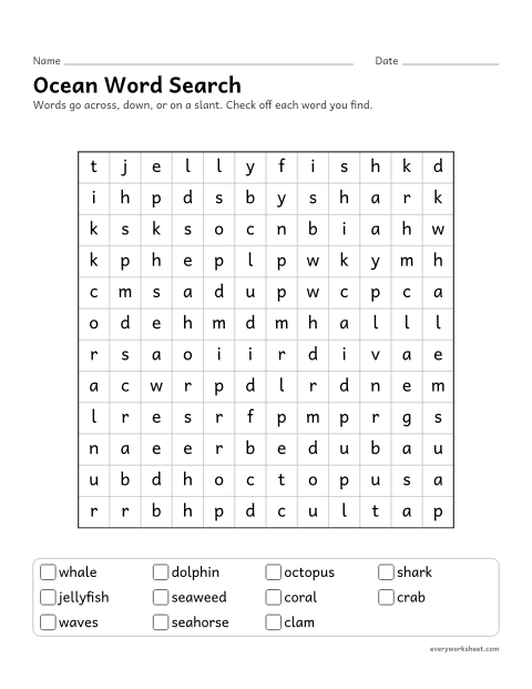 Preview of the printable “Ocean word search” worksheet: reading and finding ocean words in a letter grid