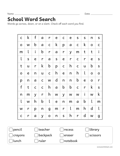 Preview of the printable “School word search” worksheet: reading and finding school words in a letter grid