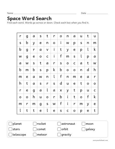 Preview of the printable “Space word search” worksheet: reading and finding space words in a letter grid