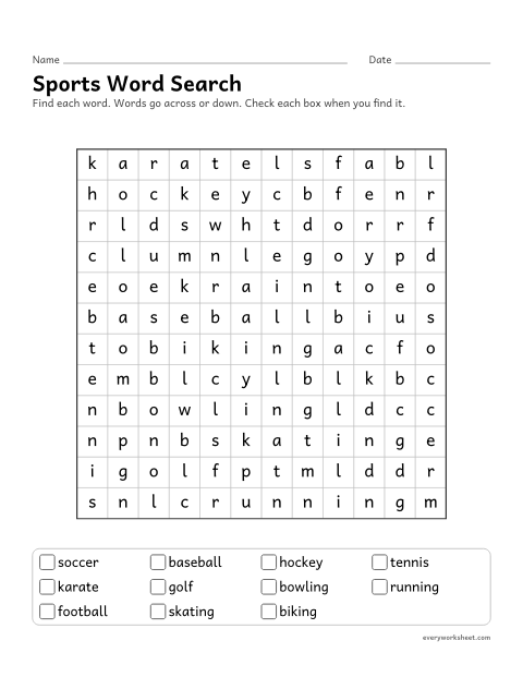 Preview of the printable “Sports word search” worksheet: reading and finding sports words in a letter grid