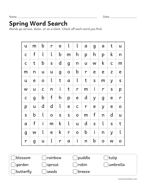 Preview of the printable “Spring word search” worksheet: reading and finding spring words in a letter grid