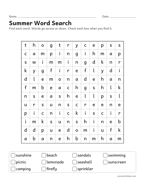 Preview of the printable “Summer word search” worksheet: reading and finding summer words in a letter grid