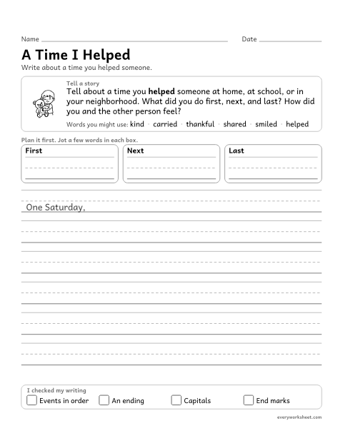 Preview of the printable “A time I helped” worksheet: writing a narrative with events in order, details, feelings and an ending