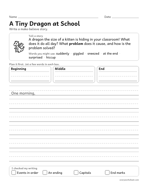 Preview of the printable “A tiny dragon at school” worksheet: writing a made-up story with a problem and a solution